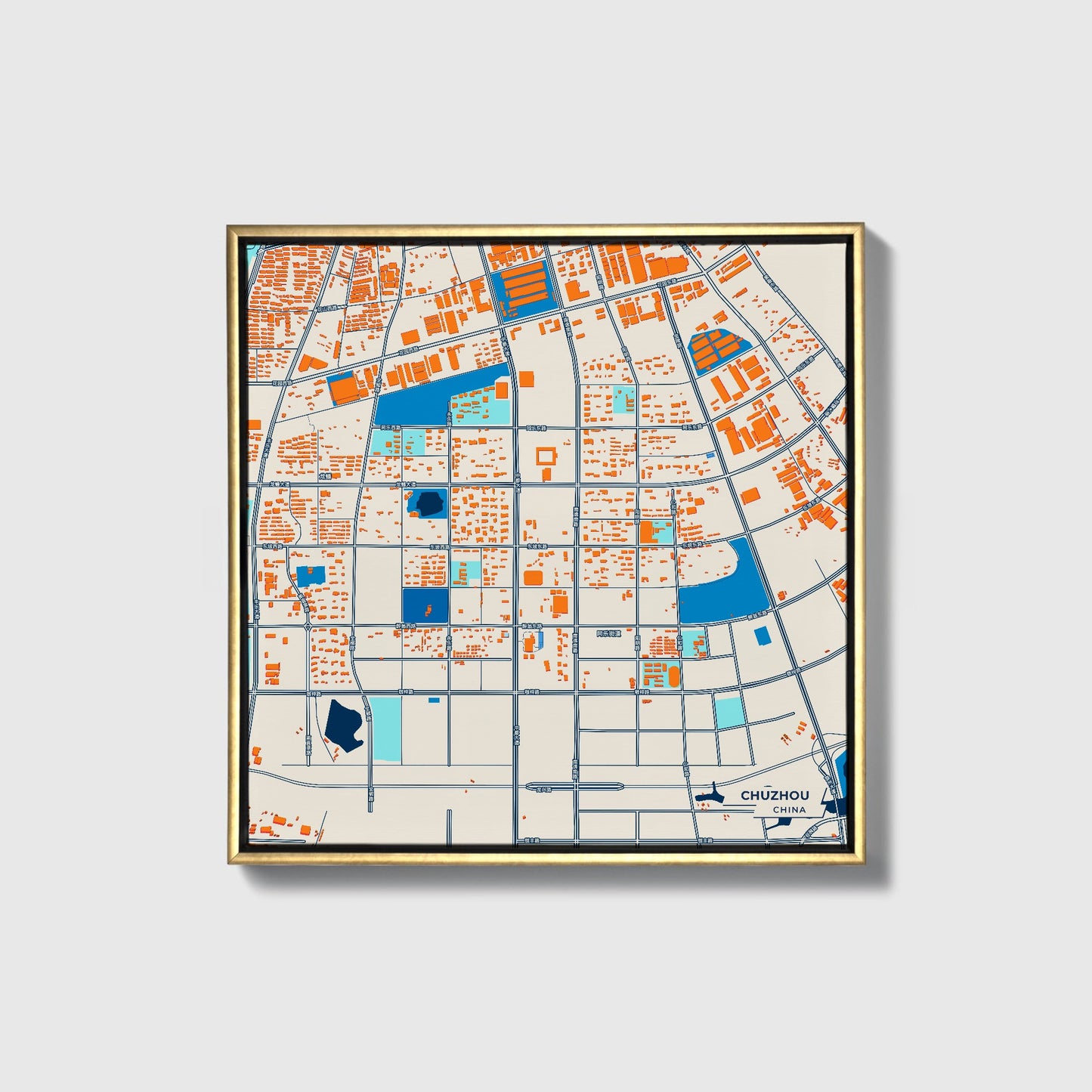 Chuzhou China Colorful City Map Canvas Print • Gold Framed