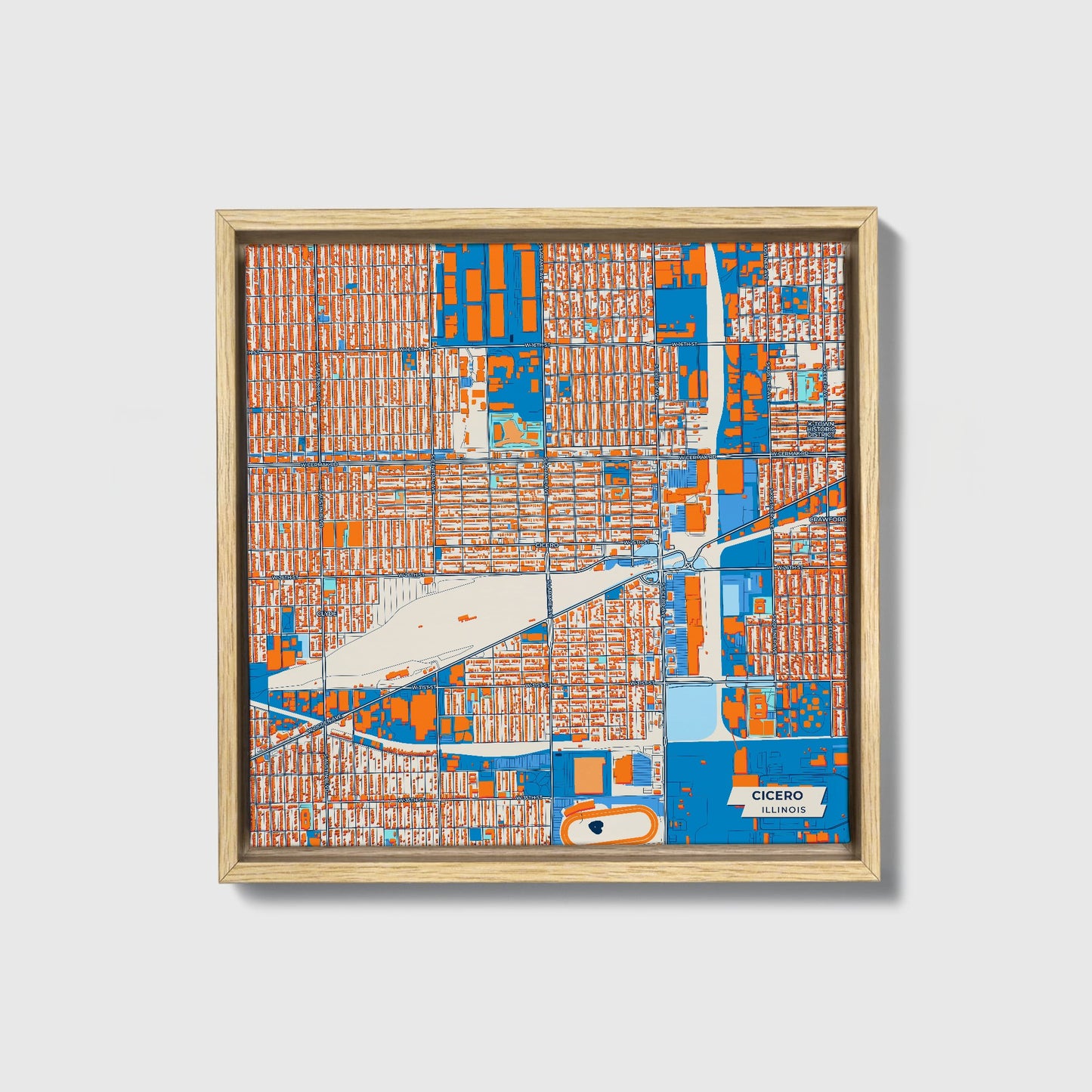 Cicero Illinois Colorful City Map Canvas Print • Natural Wooden Framed