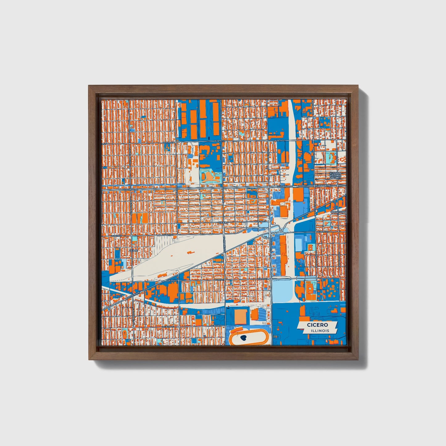 Cicero Illinois Colorful City Map Canvas Print • Dark Wooden Framed
