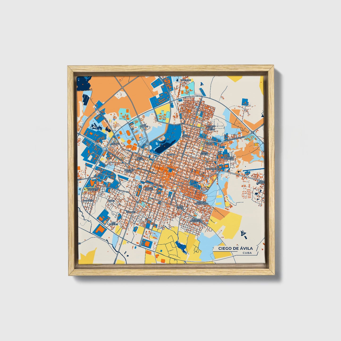 Ciego De Ávila Cuba Colorful City Map Canvas Print • Natural Wooden Framed