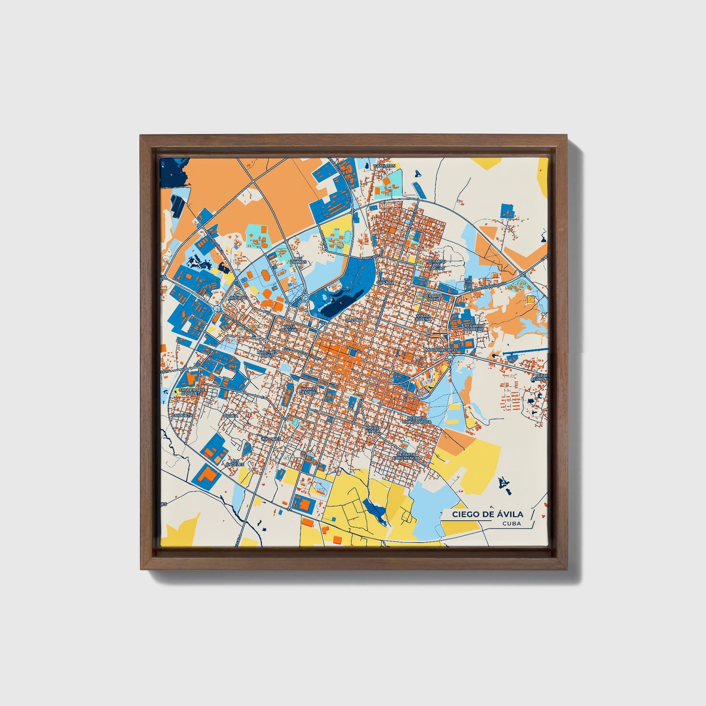 Ciego De Ávila Cuba Colorful City Map Canvas Print • Dark Wooden Framed