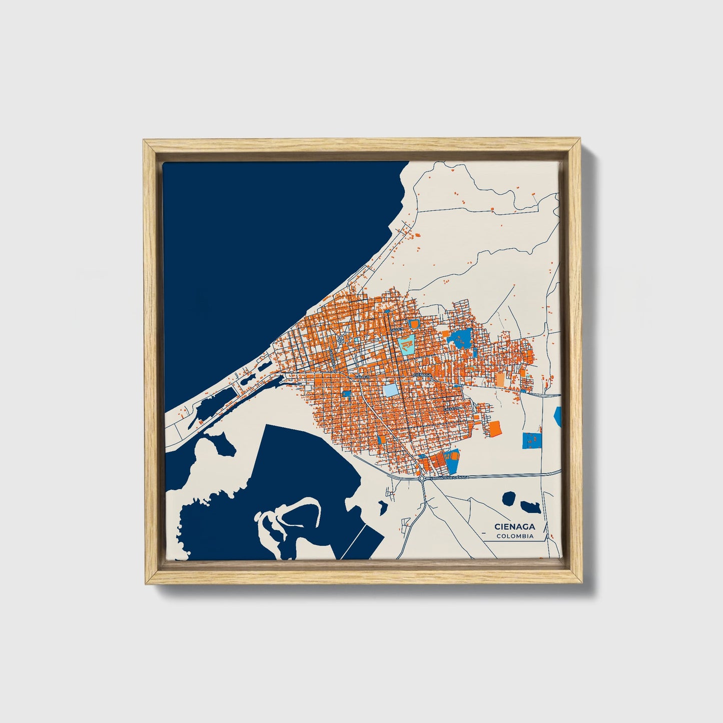 Cienaga Colombia Colorful City Map Canvas Print • Natural Wooden Framed