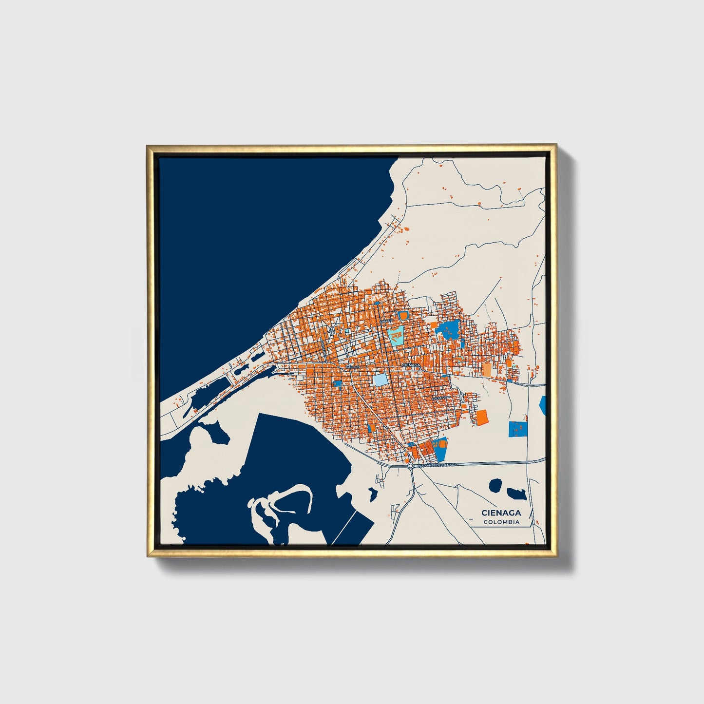 Cienaga Colombia Colorful City Map Canvas Print • Gold Framed