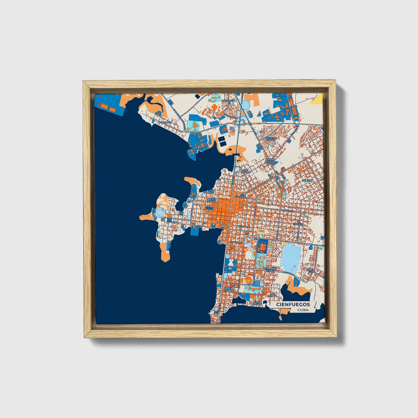 Cienfuegos Cuba Colorful City Map Canvas Print • Natural Wooden Framed
