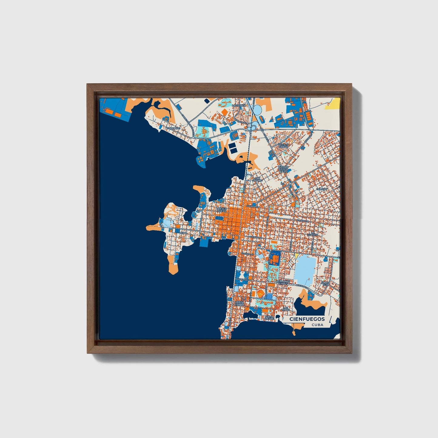 Cienfuegos Cuba Colorful City Map Canvas Print • Dark Wooden Framed