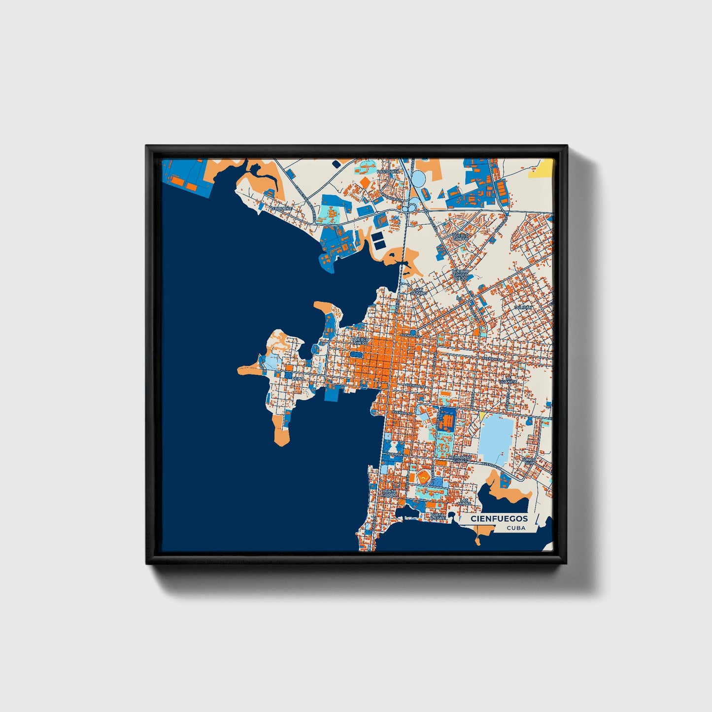 Cienfuegos Cuba Colorful City Map Canvas Print • Black Framed