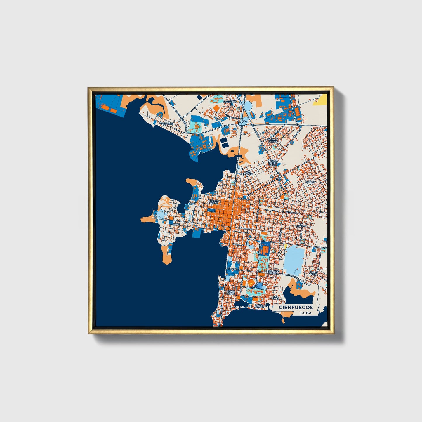 Cienfuegos Cuba Colorful City Map Canvas Print • Gold Framed