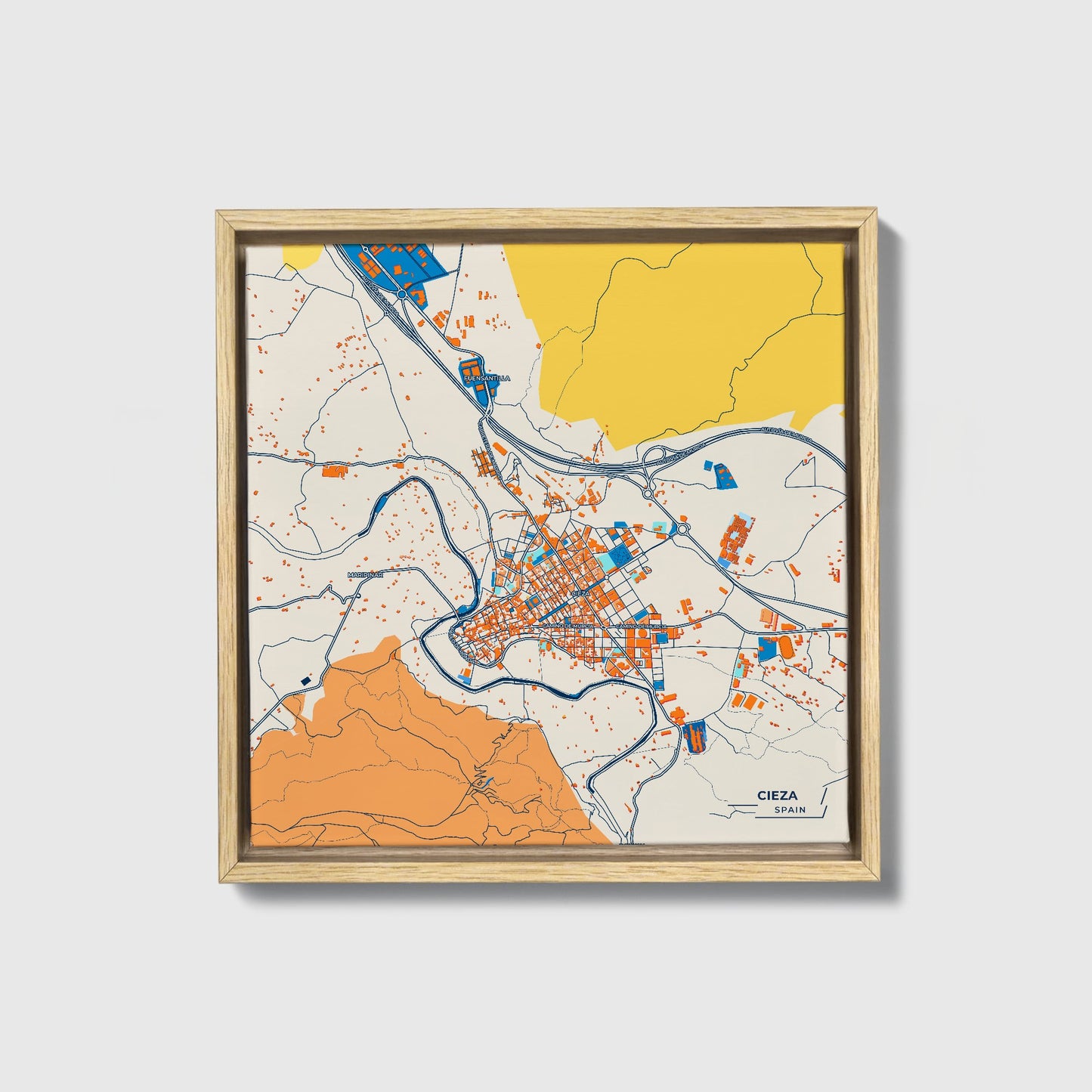 Cieza Spain Colorful City Map Canvas Print • Natural Wooden Framed