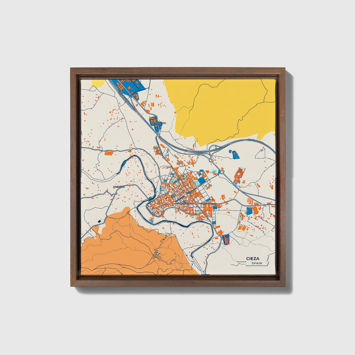 Cieza Spain Colorful City Map Canvas Print • Dark Wooden Framed