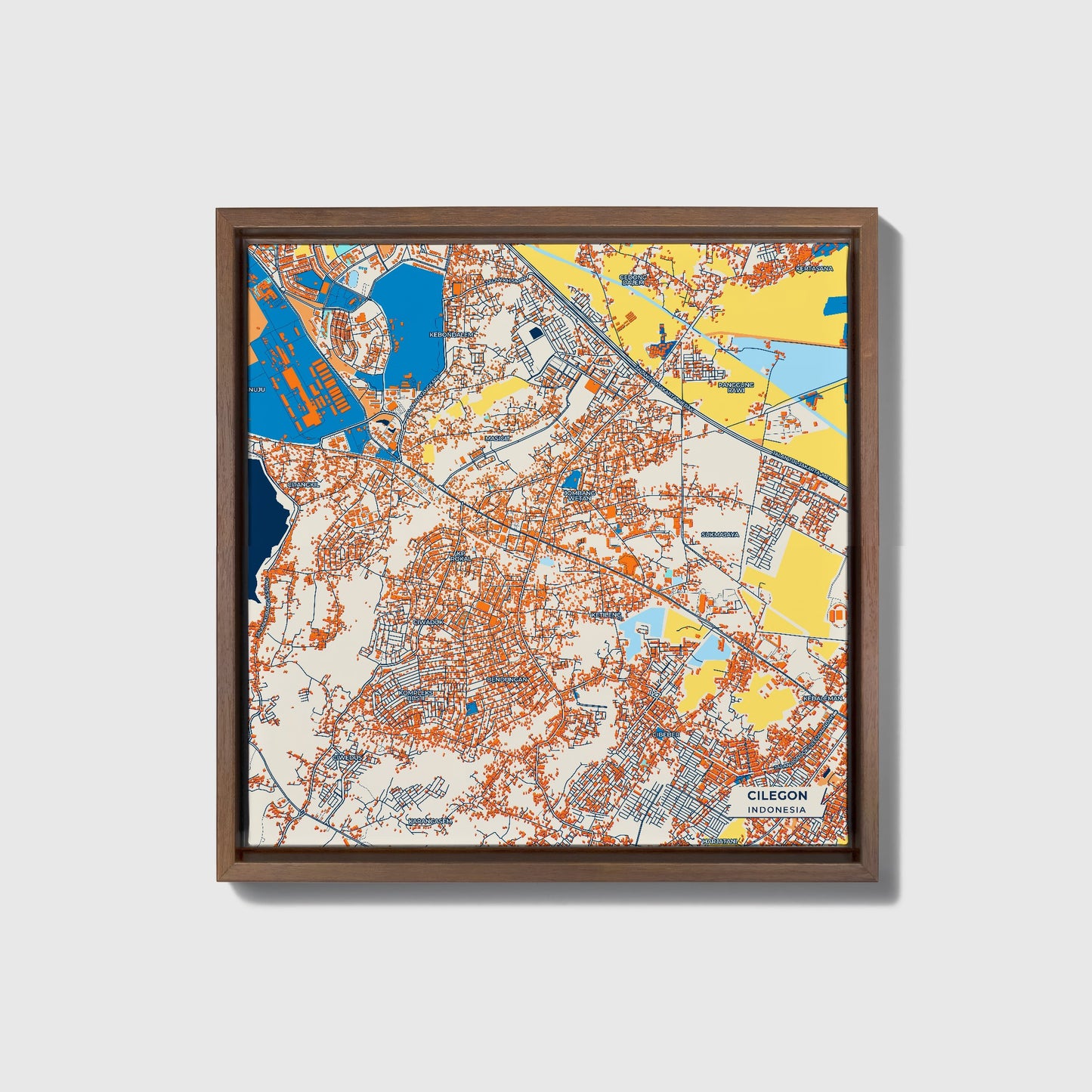 Cilegon Indonesia Colorful City Map Canvas Print • Dark Wooden Framed