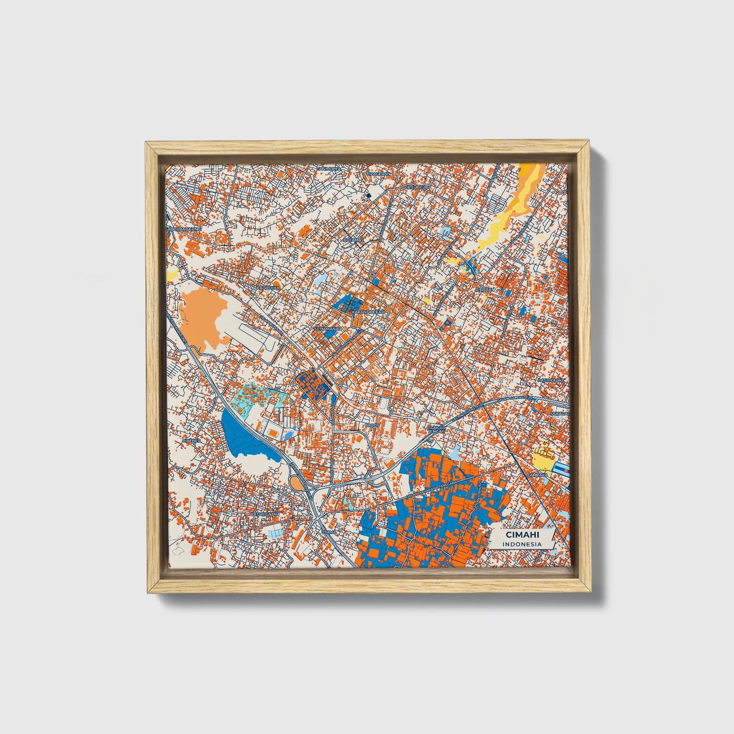 Cimahi Indonesia Colorful City Map Canvas Print • Natural Wooden Framed