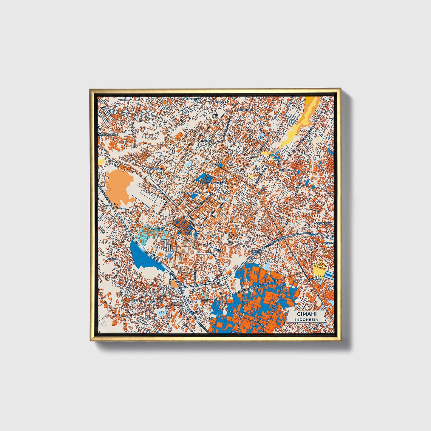 Cimahi Indonesia Colorful City Map Canvas Print • Gold Framed