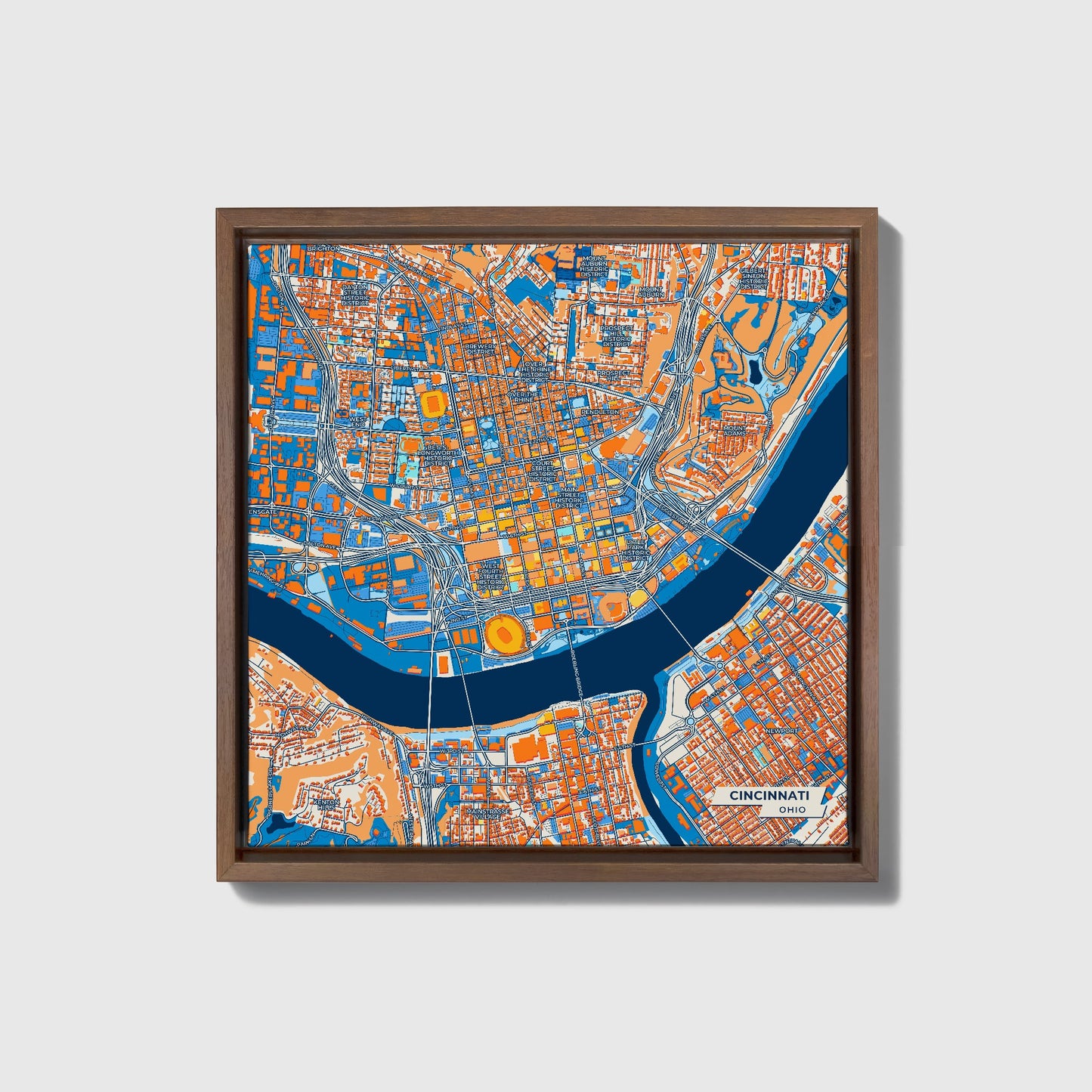 Cincinnati Ohio Colorful City Map Canvas Print • Dark Wooden Framed