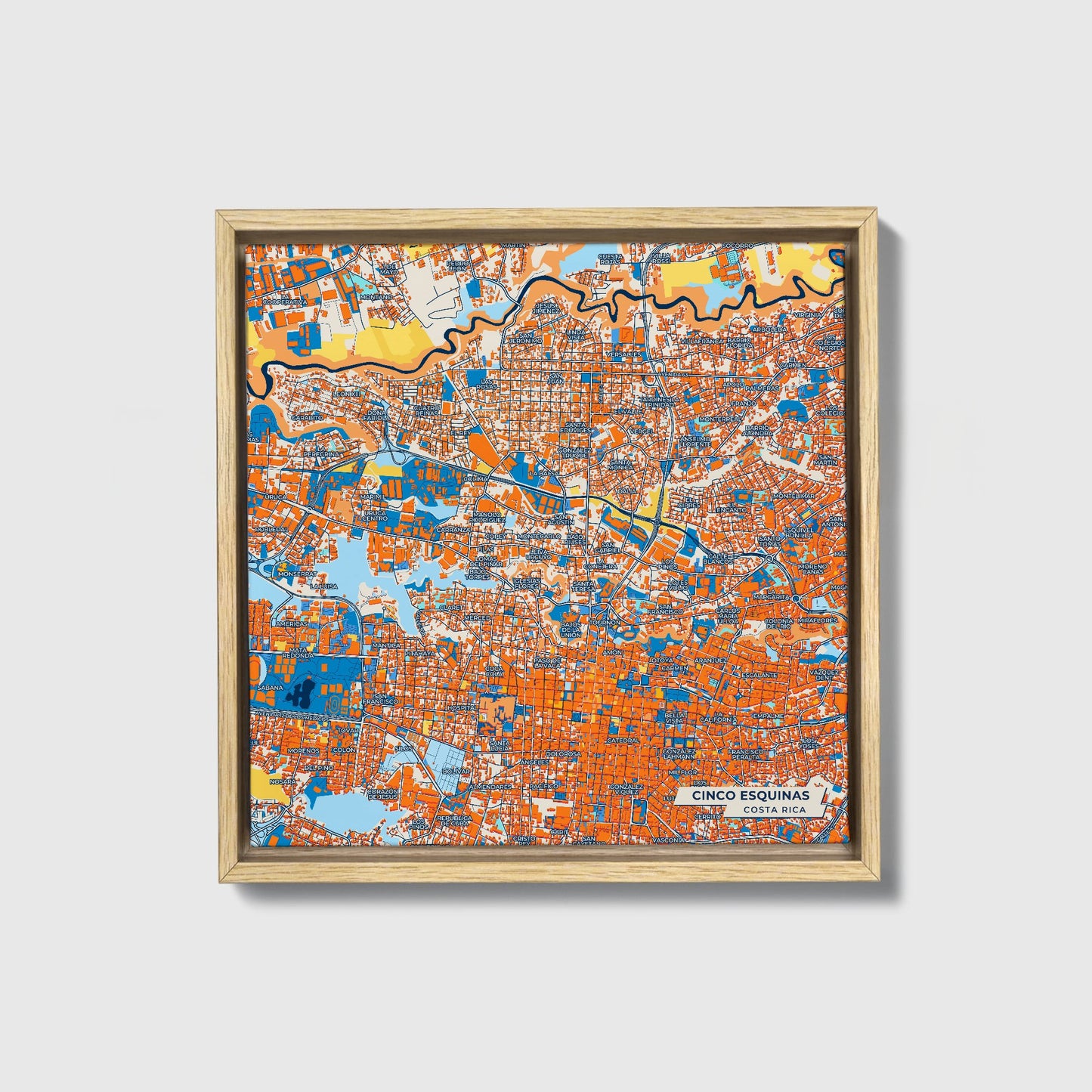 Cinco Esquinas Costa Rica Colorful City Map Canvas Print • Natural Wooden Framed