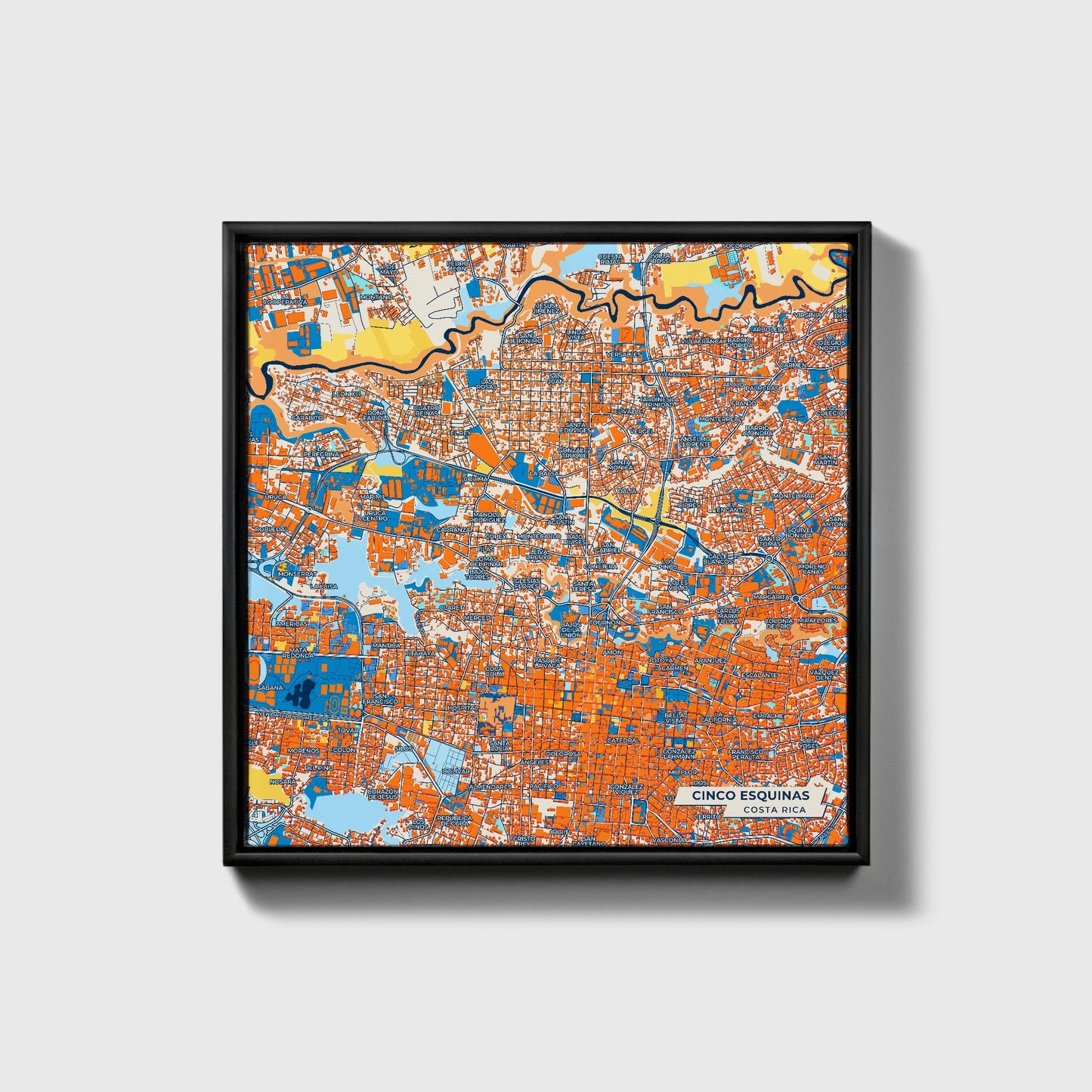 Cinco Esquinas Costa Rica Colorful City Map Canvas Print • Black Framed