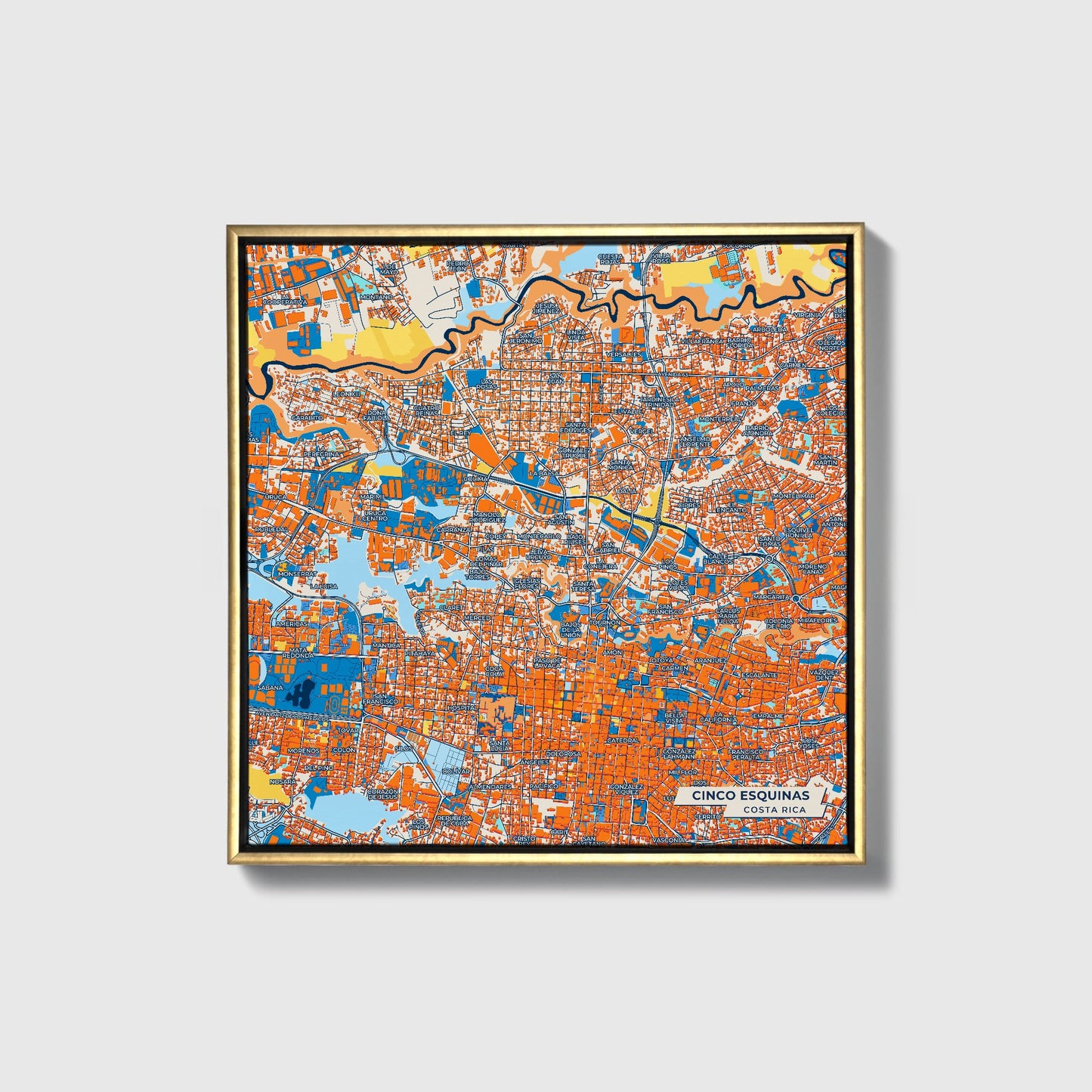 Cinco Esquinas Costa Rica Colorful City Map Canvas Print • Gold Framed