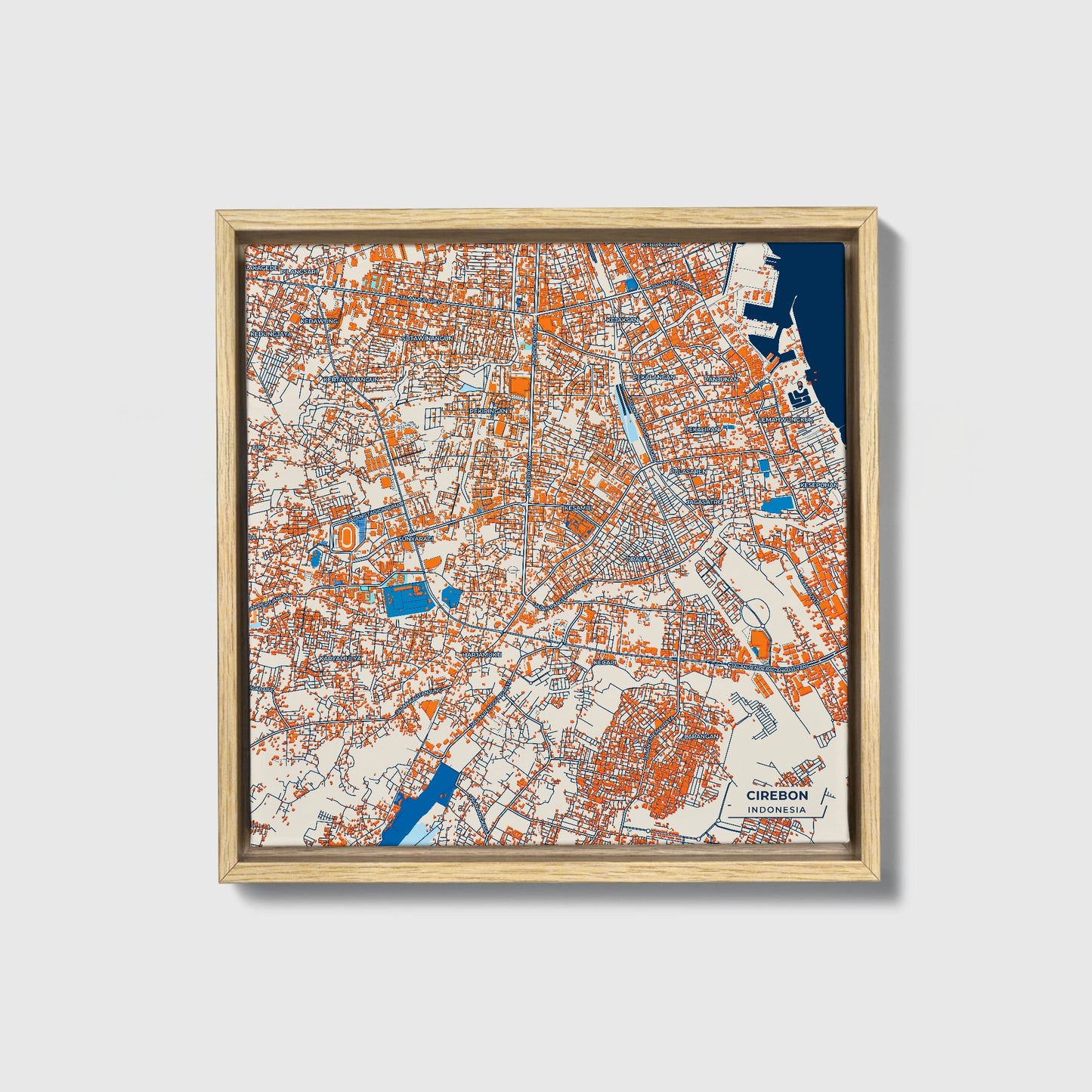 Cirebon Indonesia Colorful City Map Canvas Print • Natural Wooden Framed