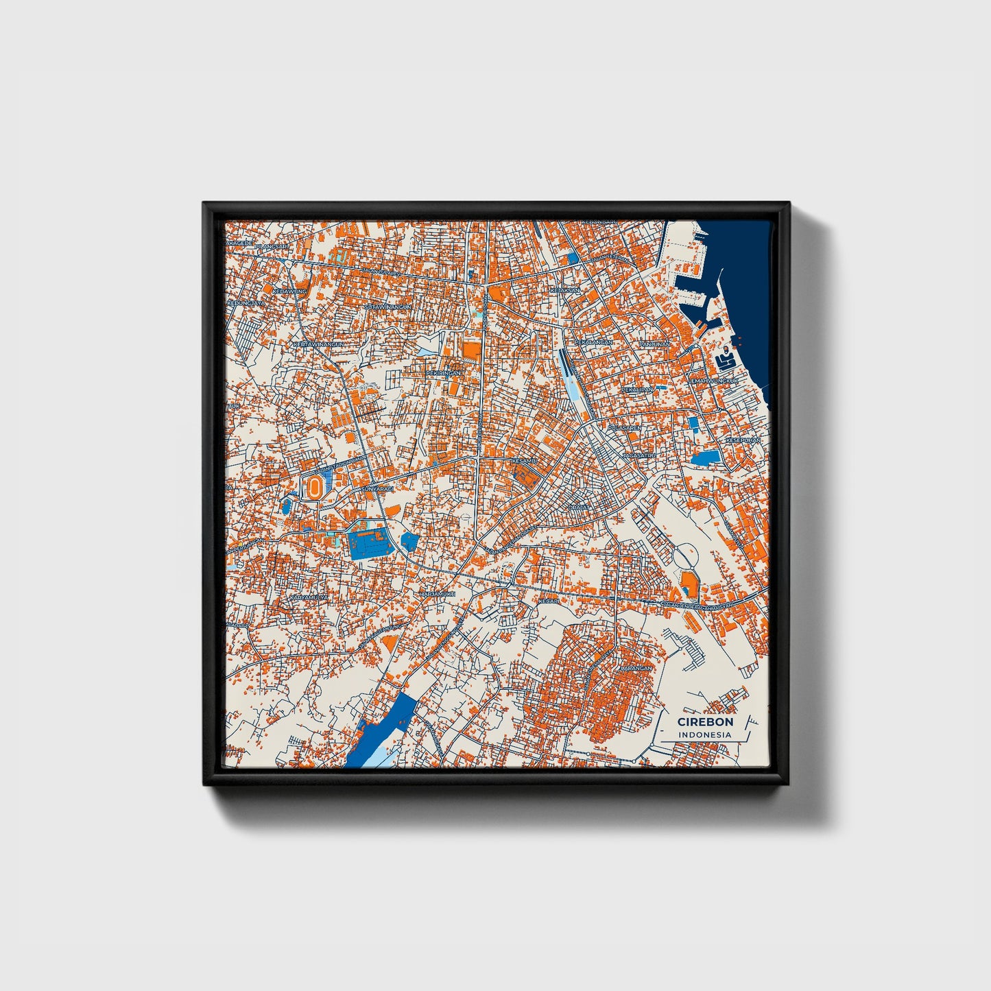 Cirebon Indonesia Colorful City Map Canvas Print • Black Framed