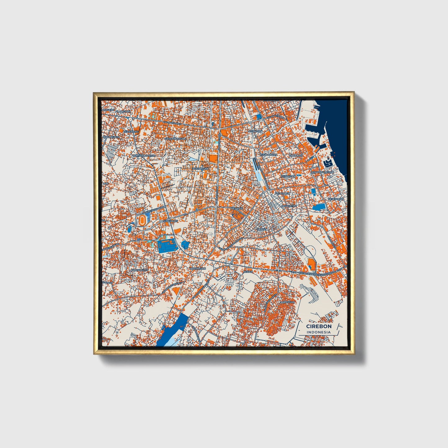 Cirebon Indonesia Colorful City Map Canvas Print • Gold Framed