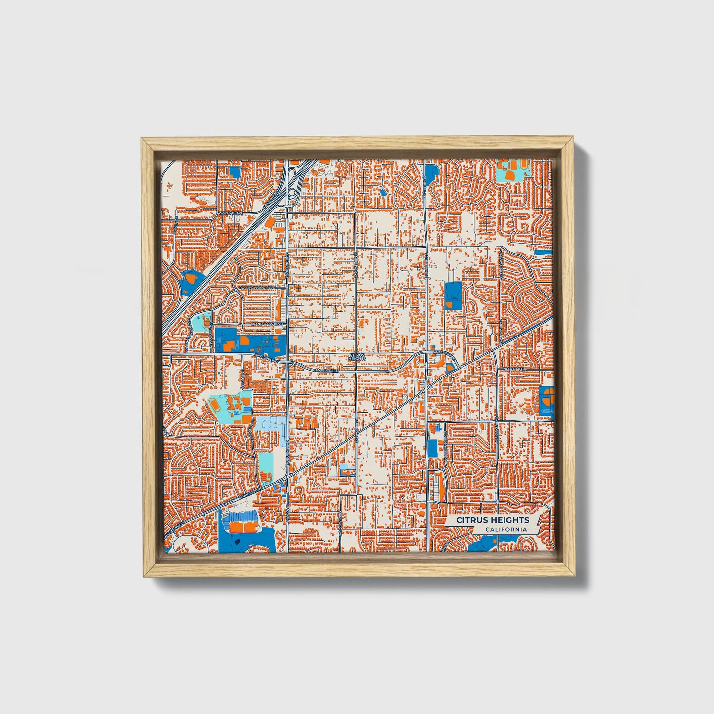 Citrus Heights California Colorful City Map Canvas Print • Natural Wooden Framed