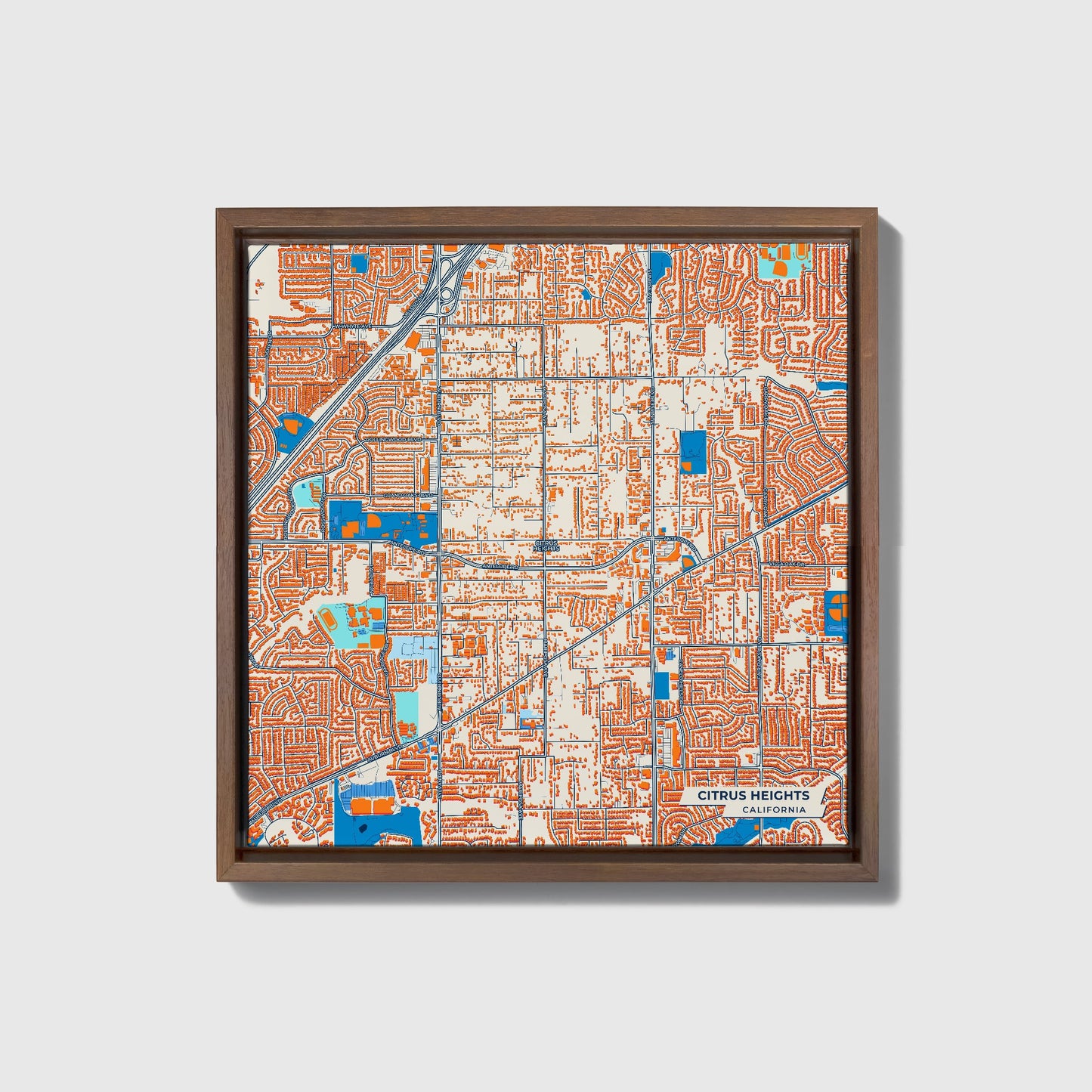 Citrus Heights California Colorful City Map Canvas Print • Dark Wooden Framed