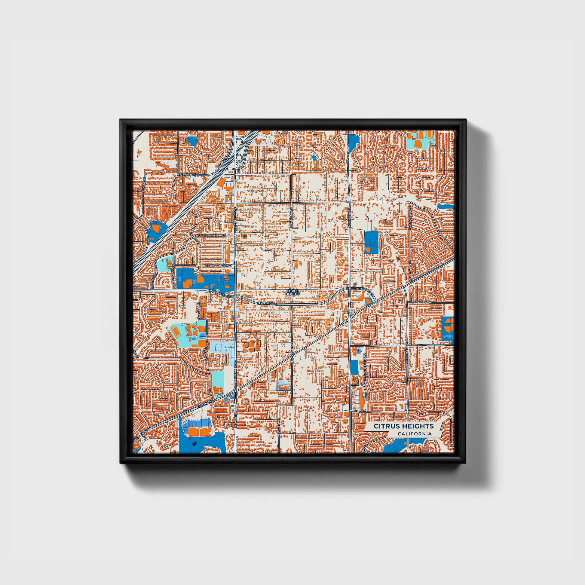 Citrus Heights California Colorful City Map Canvas Print • Black Framed