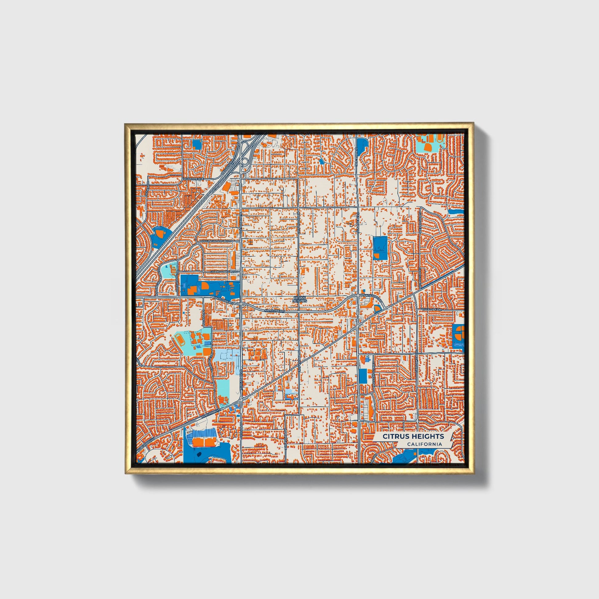 Citrus Heights California Colorful City Map Canvas Print • Gold Framed