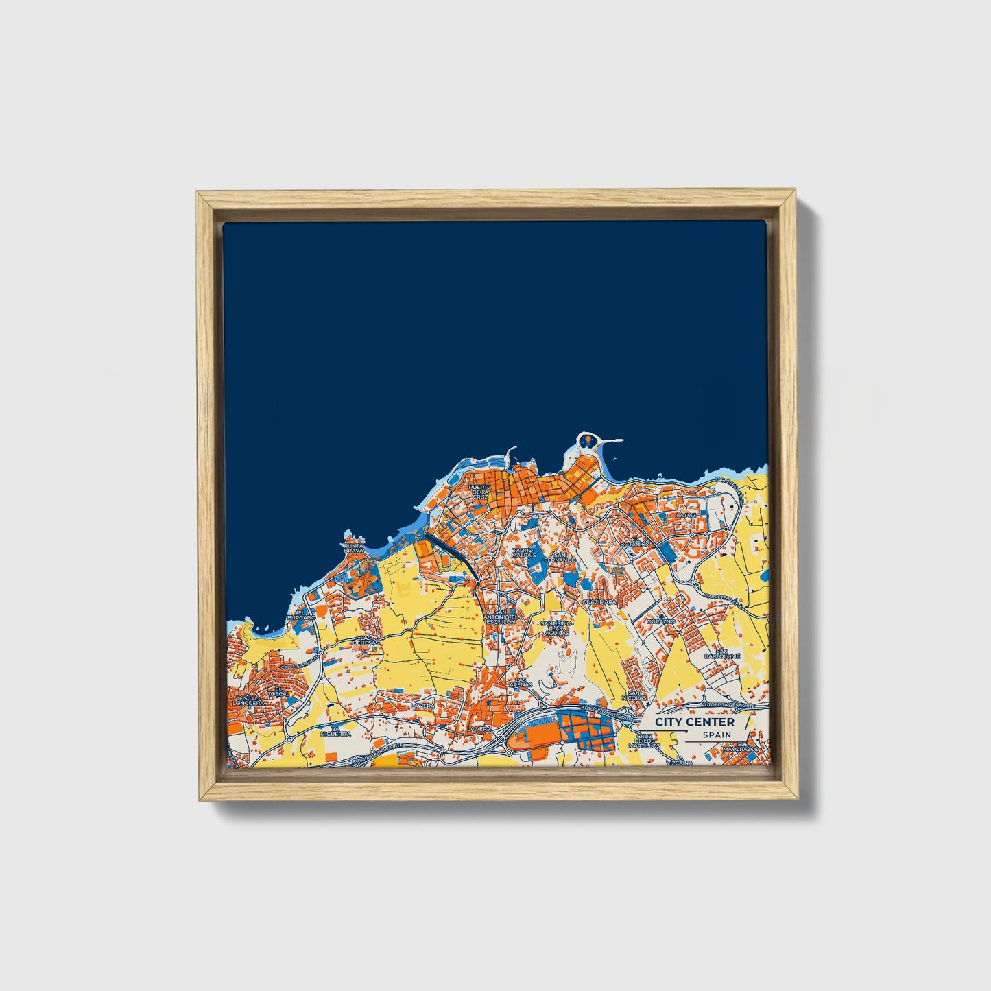 City Center Spain Colorful City Map Canvas Print • Natural Wooden Framed