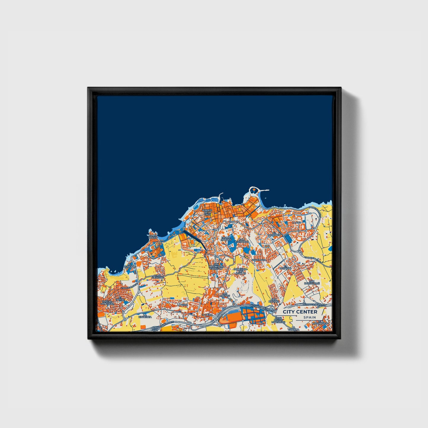 City Center Spain Colorful City Map Canvas Print • Black Framed