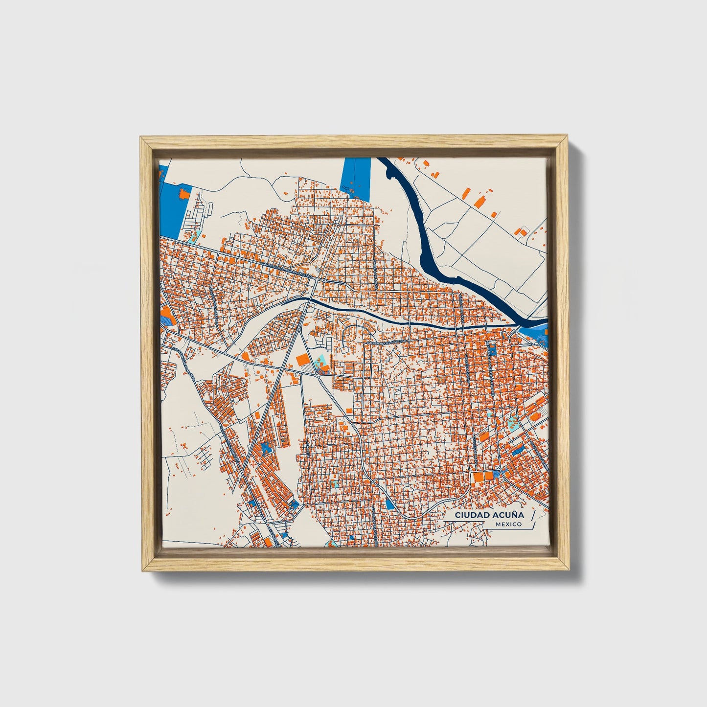 Ciudad Acuña Mexico Colorful City Map Canvas Print • Natural Wooden Framed