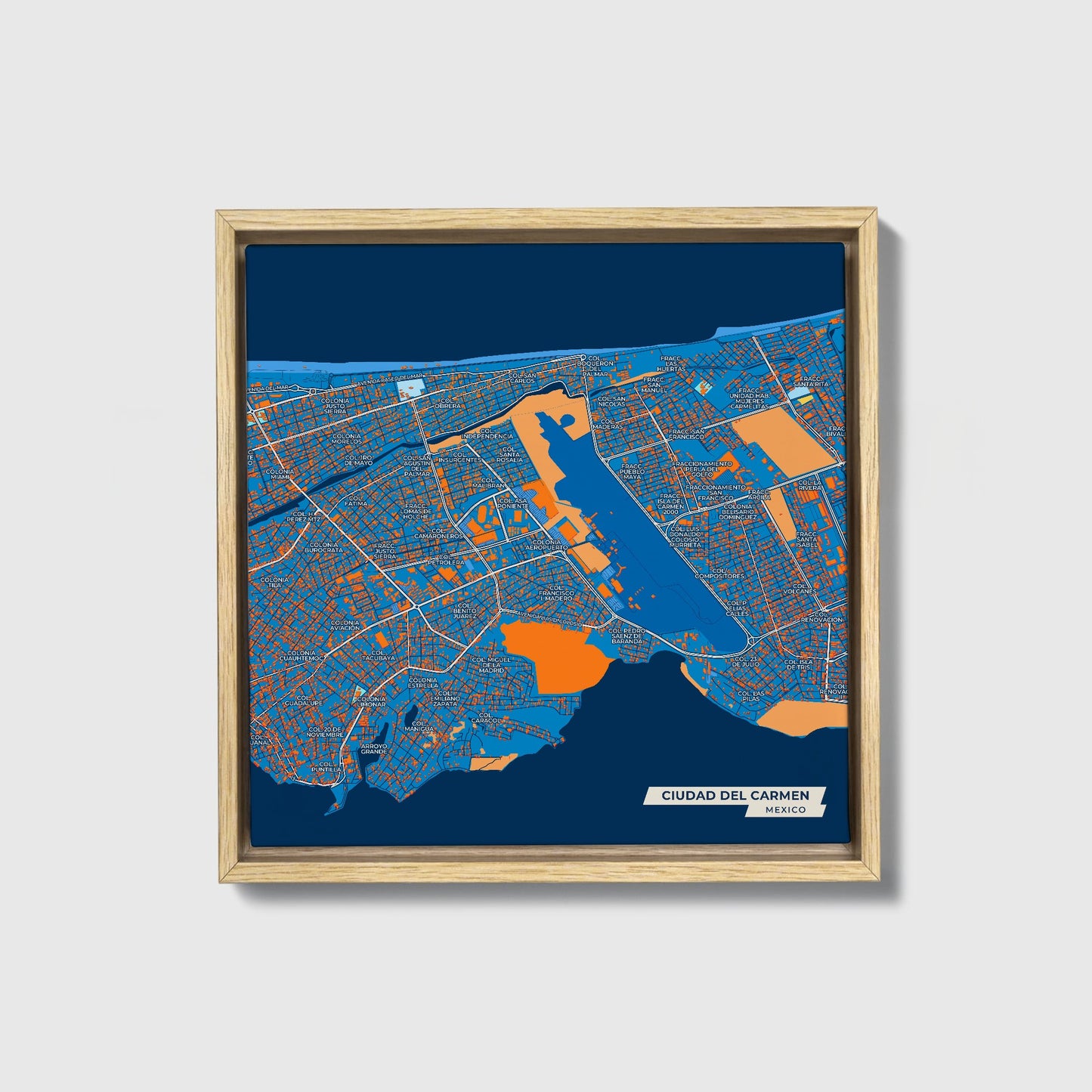 Ciudad Del Carmen Mexico Colorful City Map Canvas Print • Natural Wooden Framed