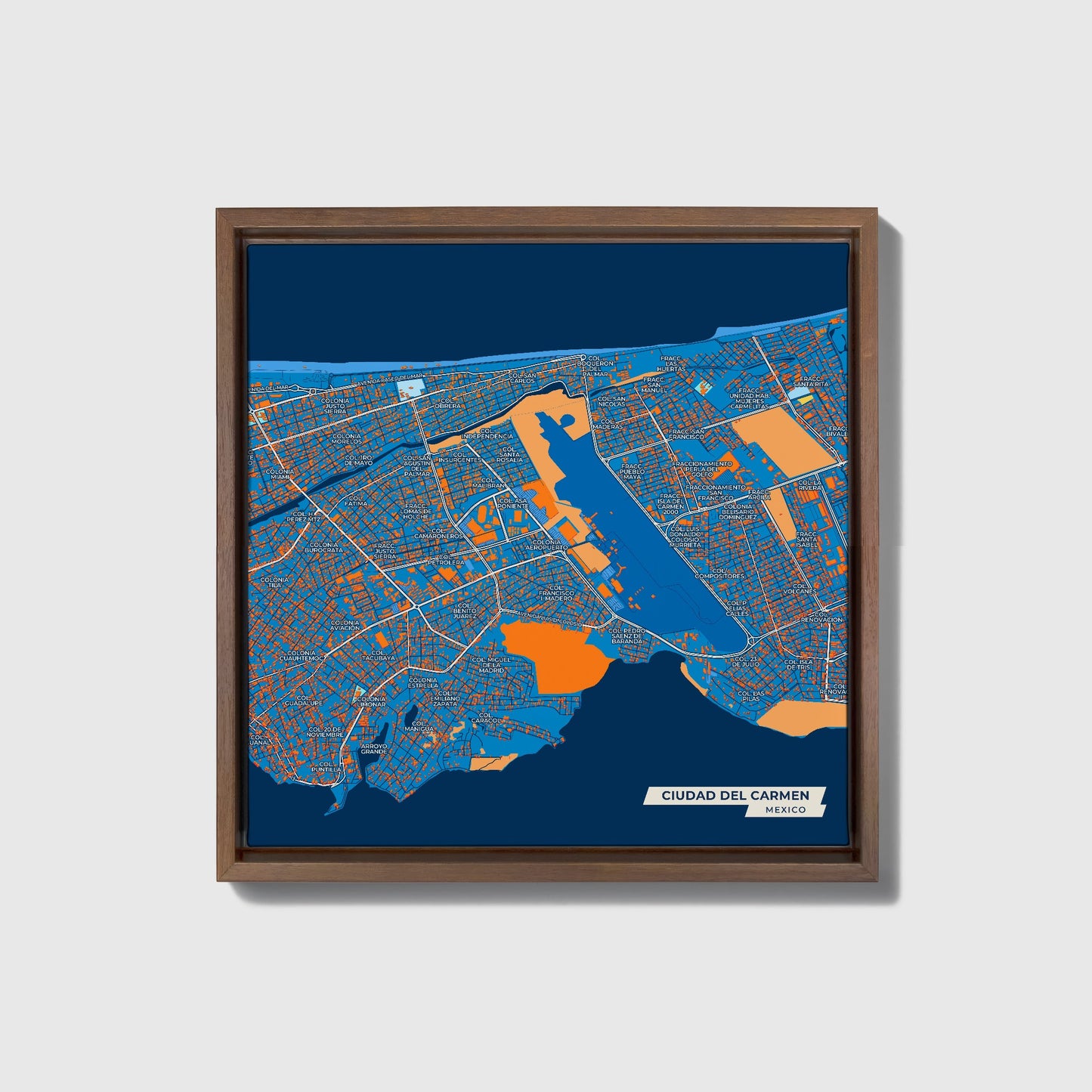 Ciudad Del Carmen Mexico Colorful City Map Canvas Print • Dark Wooden Framed