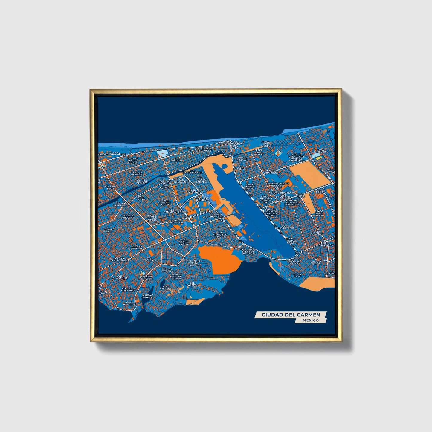 Ciudad Del Carmen Mexico Colorful City Map Canvas Print • Gold Framed