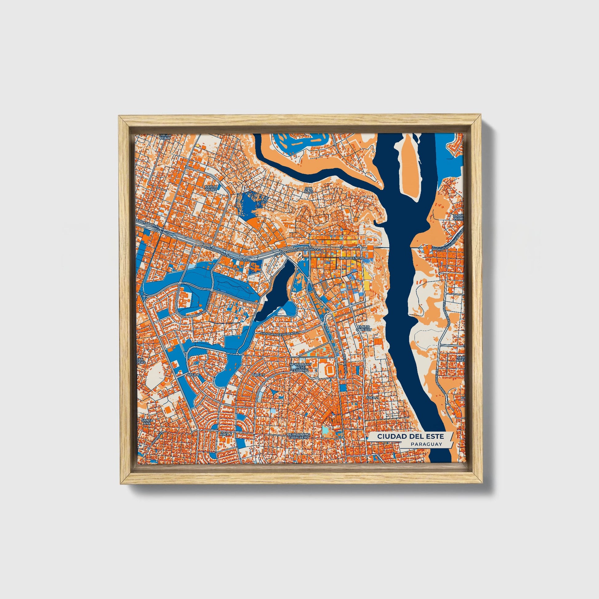 Ciudad Del Este Paraguay Colorful City Map Canvas Print • Natural Wooden Framed