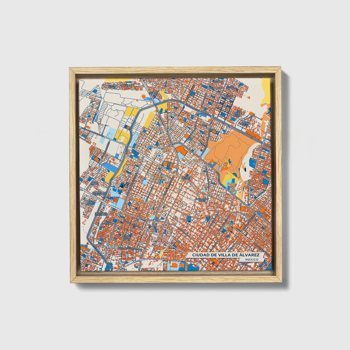 Ciudad De Villa De Álvarez Mexico Colorful City Map Canvas Print • Natural Wooden Framed