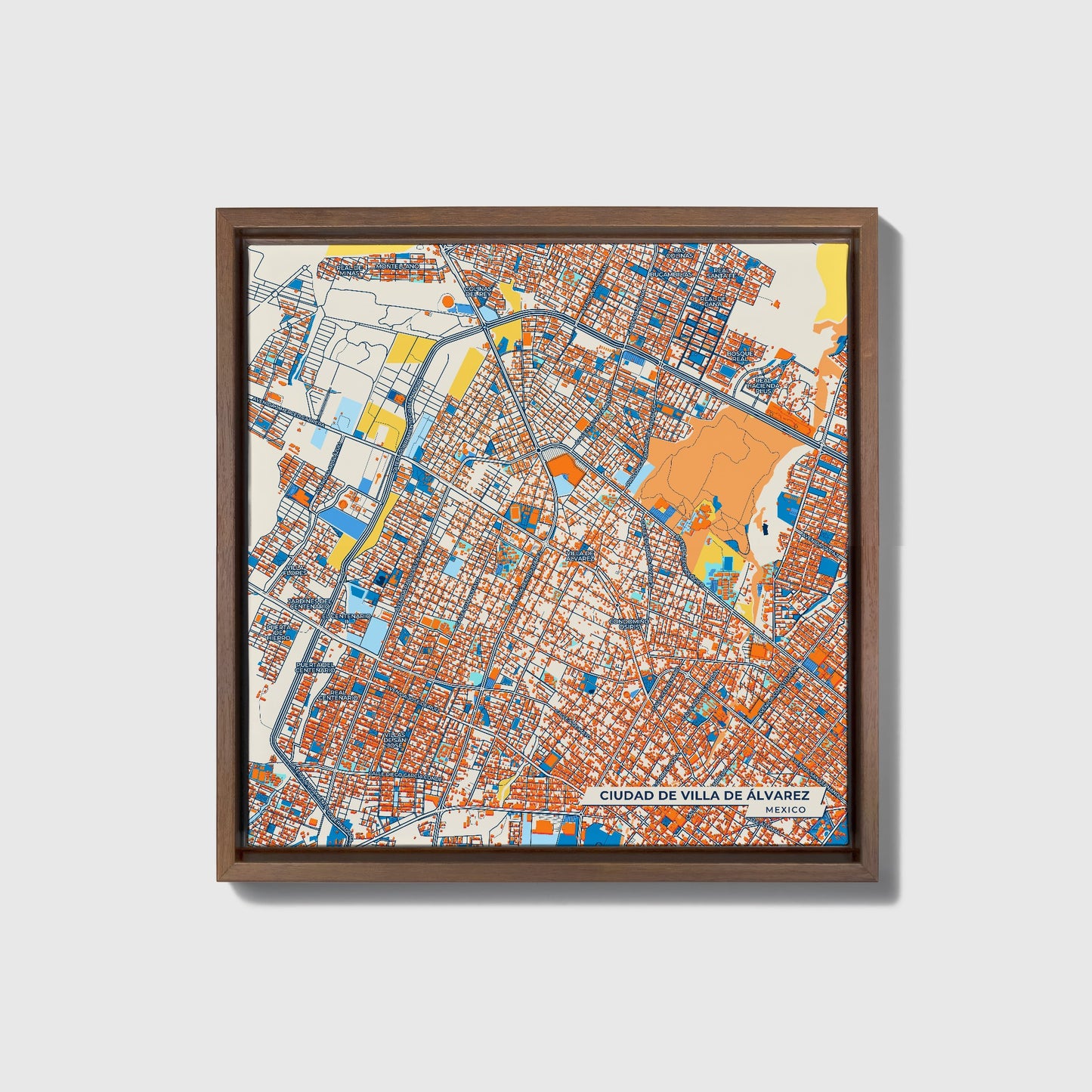 Ciudad De Villa De Álvarez Mexico Colorful City Map Canvas Print • Dark Wooden Framed