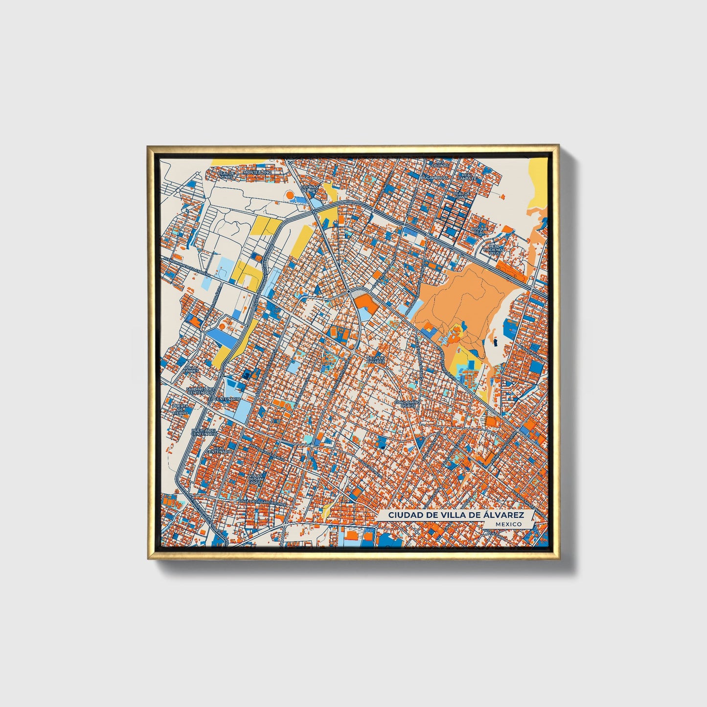 Ciudad De Villa De Álvarez Mexico Colorful City Map Canvas Print • Gold Framed