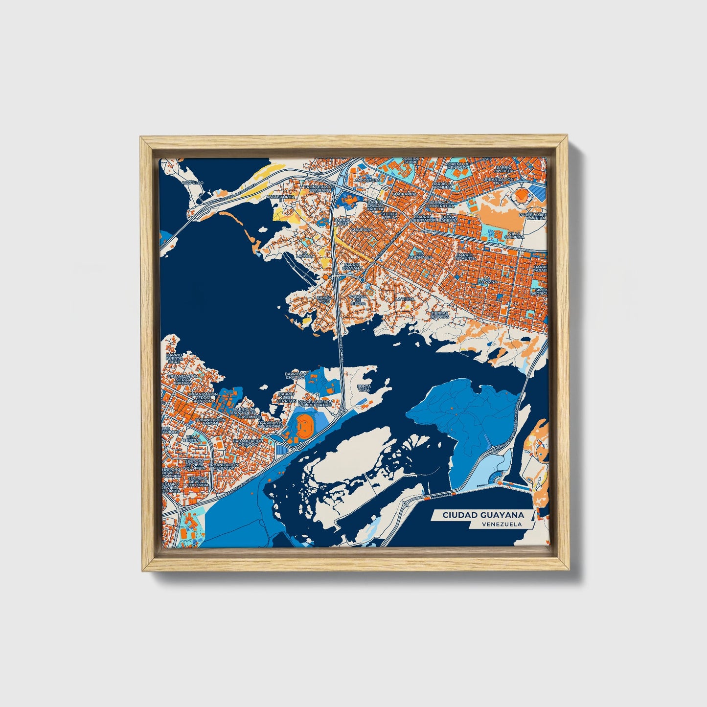 Ciudad Guayana Venezuela Colorful City Map Canvas Print • Natural Wooden Framed