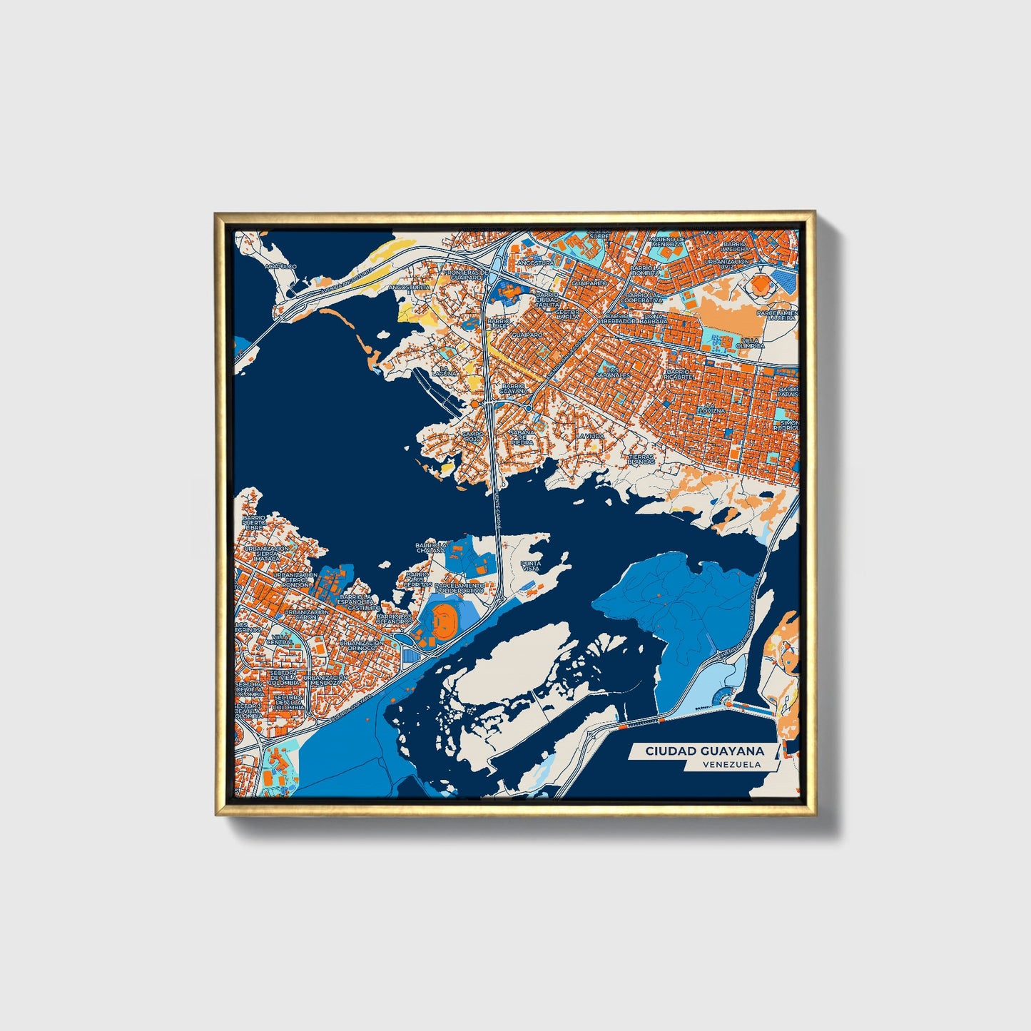 Ciudad Guayana Venezuela Colorful City Map Canvas Print • Gold Framed