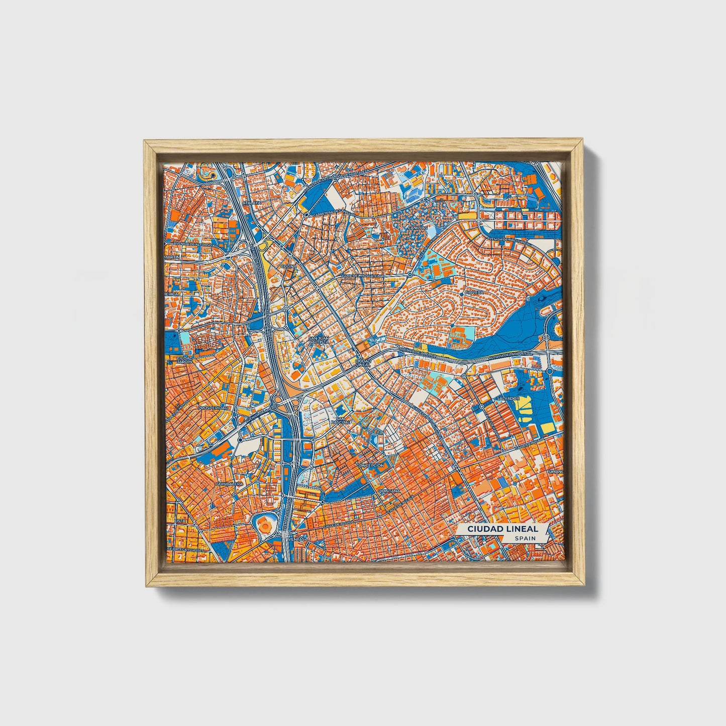 Ciudad Lineal Spain Colorful City Map Canvas Print • Natural Wooden Framed