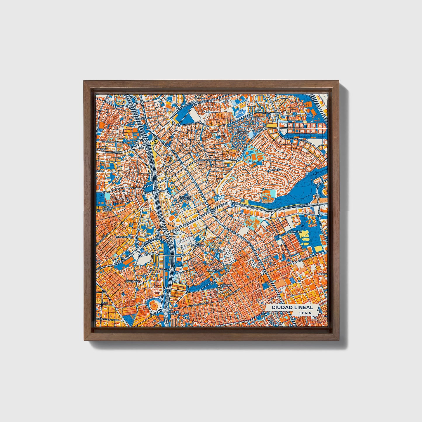 Ciudad Lineal Spain Colorful City Map Canvas Print • Dark Wooden Framed