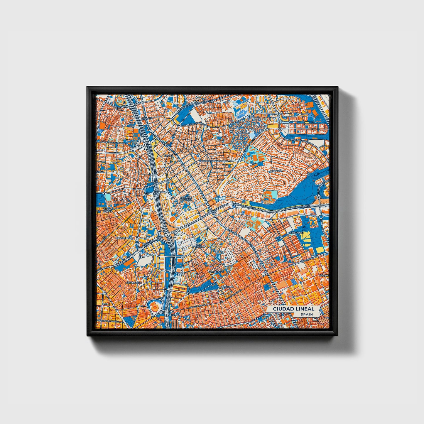Ciudad Lineal Spain Colorful City Map Canvas Print • Black Framed