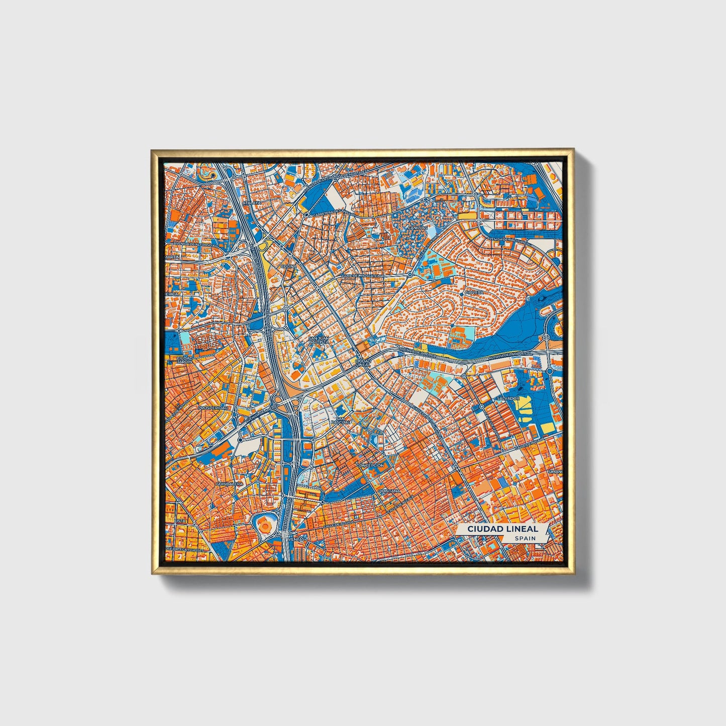 Ciudad Lineal Spain Colorful City Map Canvas Print • Gold Framed
