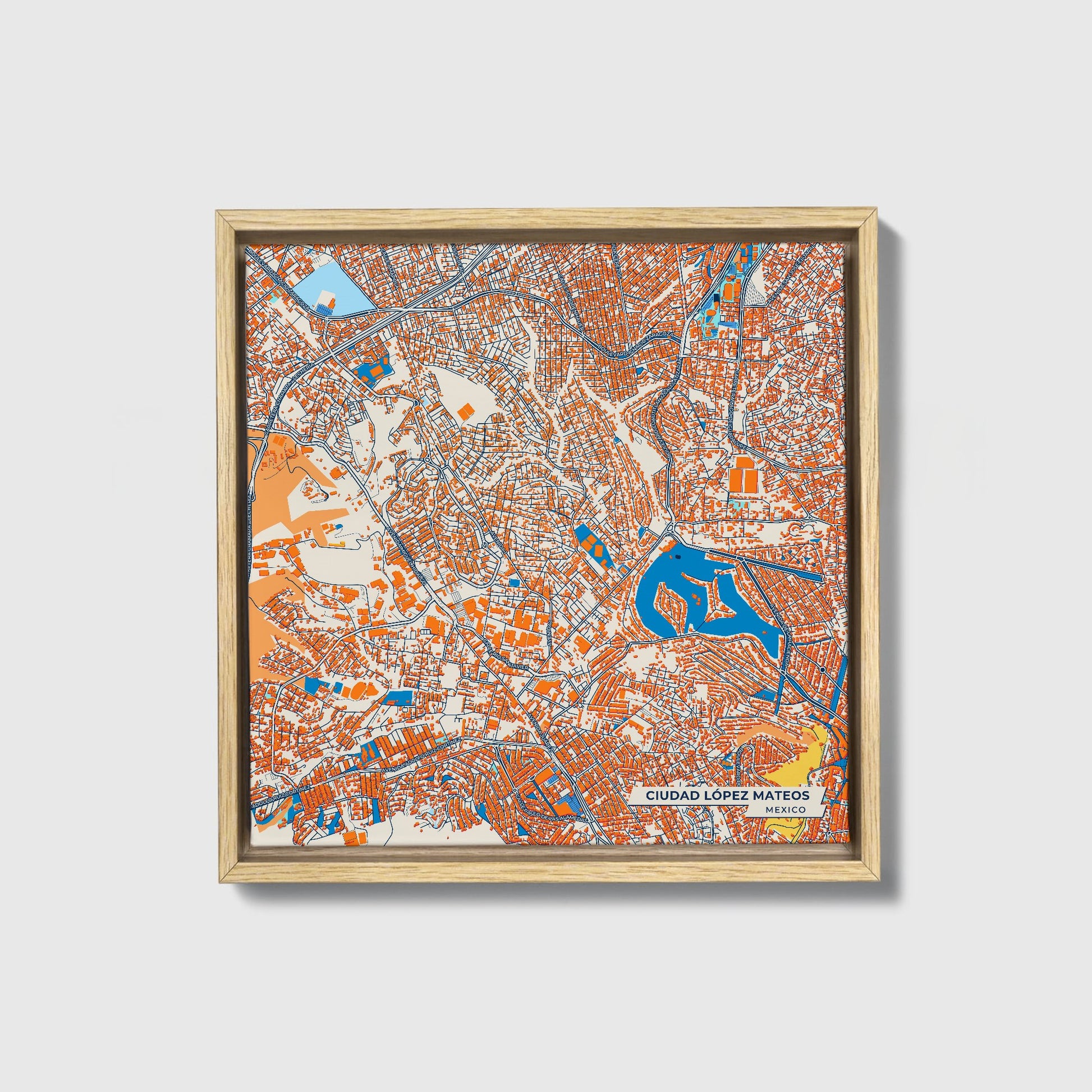 Ciudad López Mateos Mexico Colorful City Map Canvas Print • Natural Wooden Framed