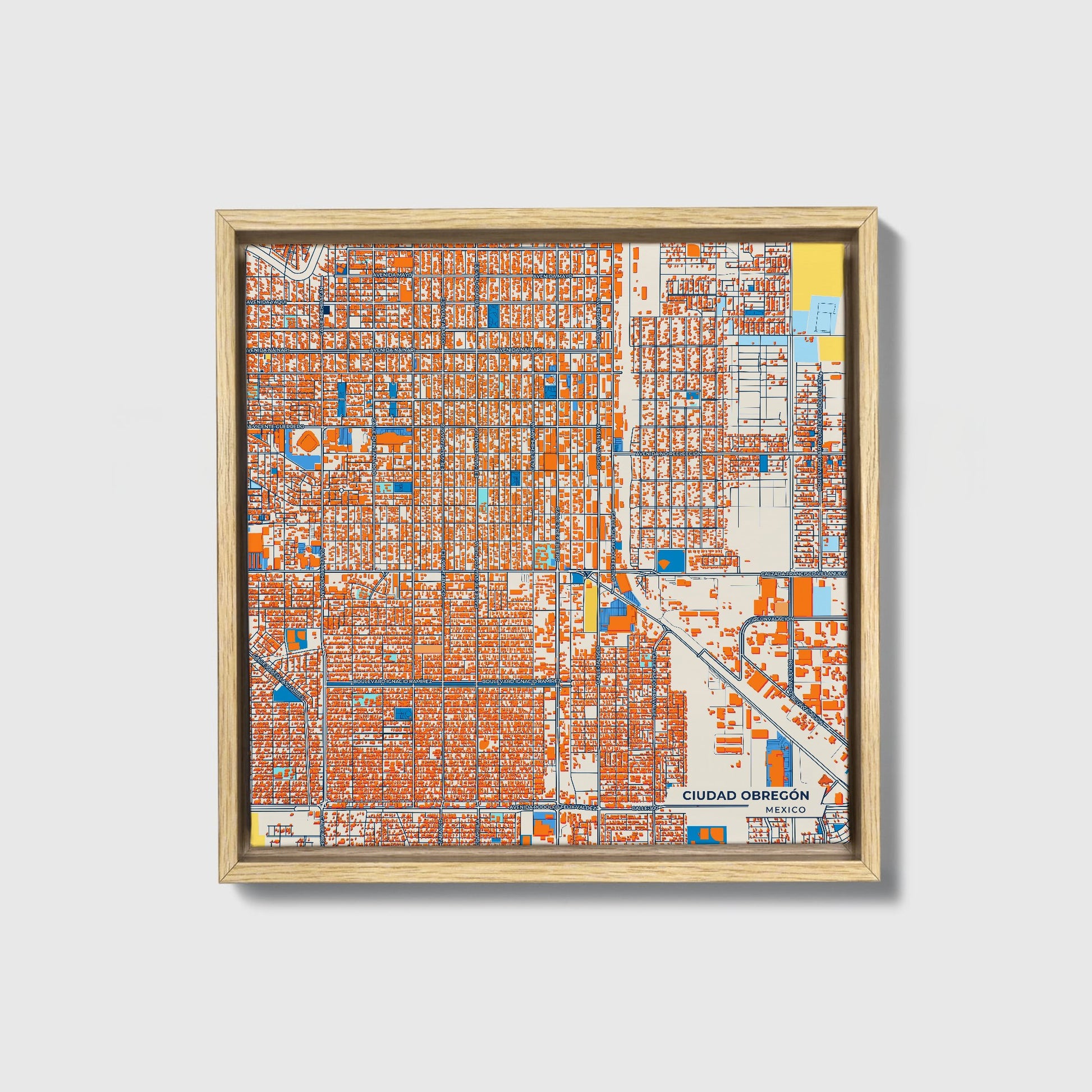 Ciudad Obregón Mexico Colorful City Map Canvas Print • Natural Wooden Framed