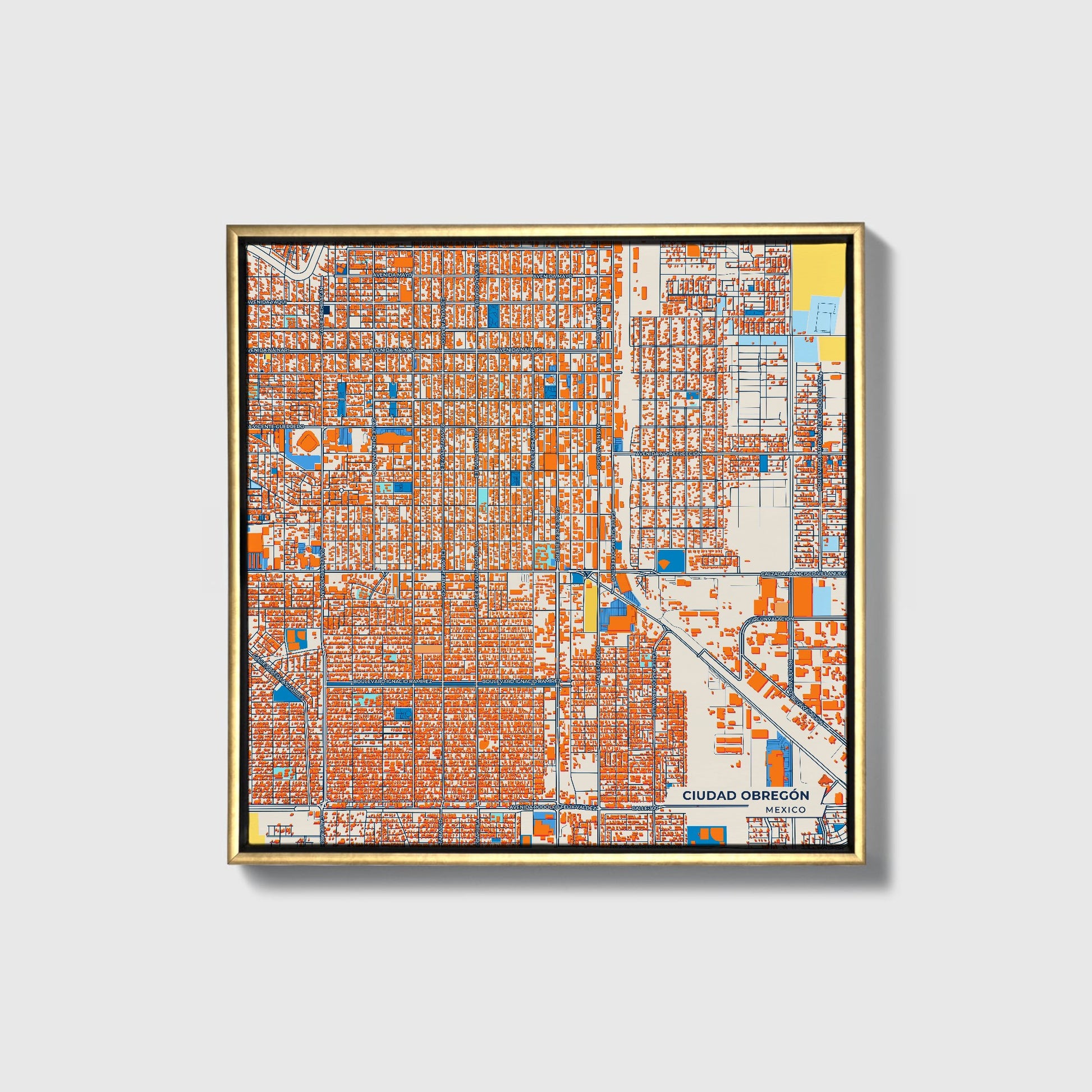 Ciudad Obregón Mexico Colorful City Map Canvas Print • Gold Framed