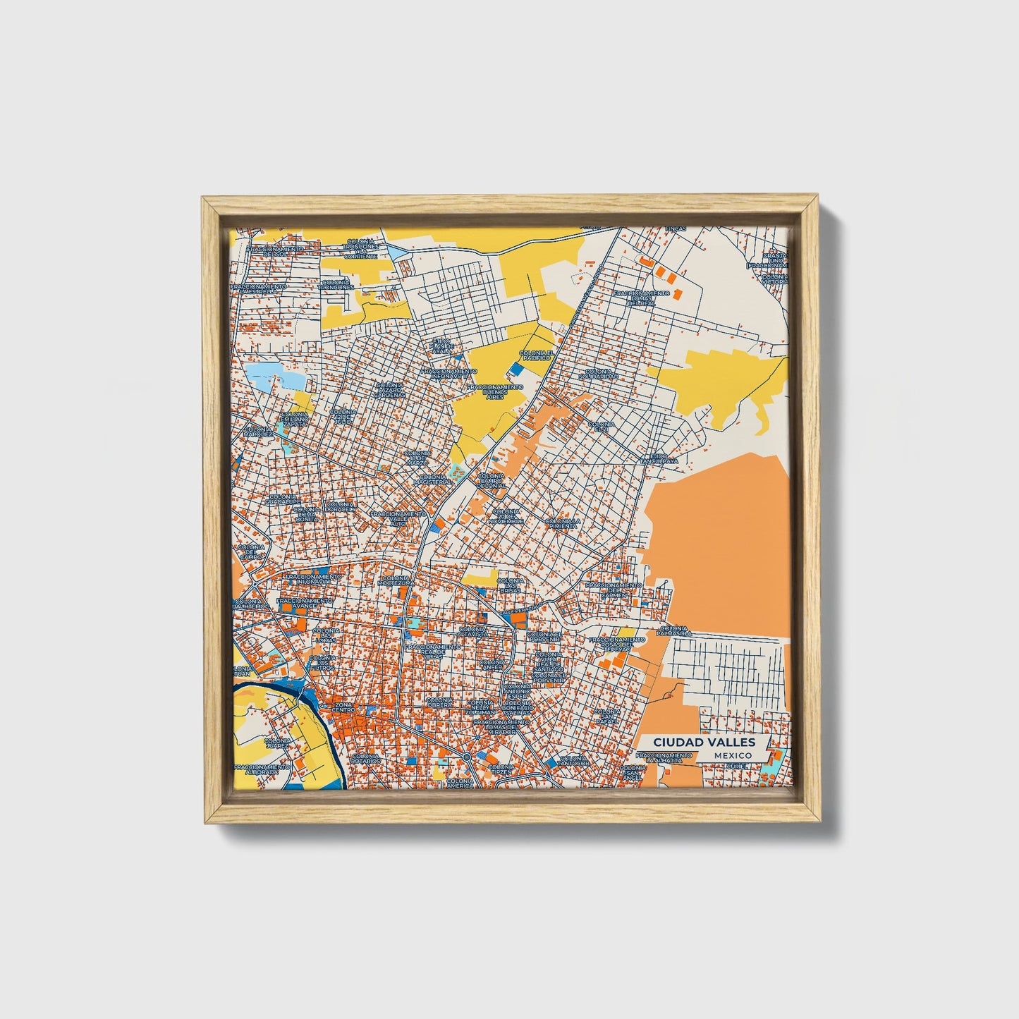 Ciudad Valles Mexico Colorful City Map Canvas Print • Natural Wooden Framed