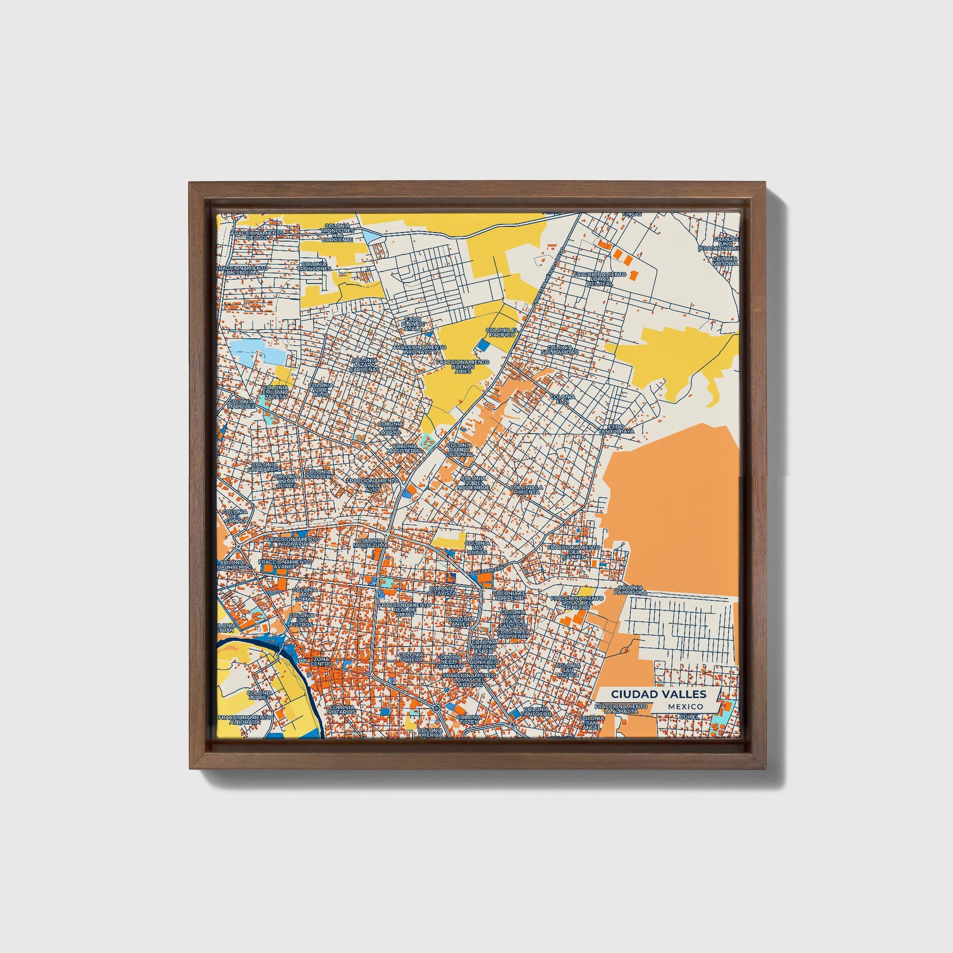Ciudad Valles Mexico Colorful City Map Canvas Print • Dark Wooden Framed
