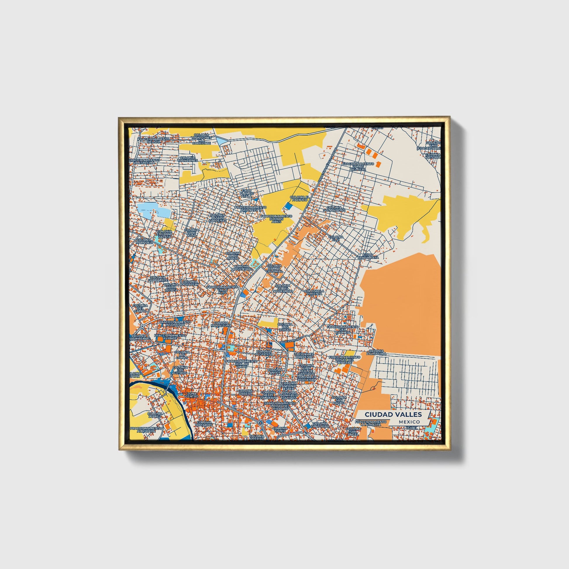 Ciudad Valles Mexico Colorful City Map Canvas Print • Gold Framed