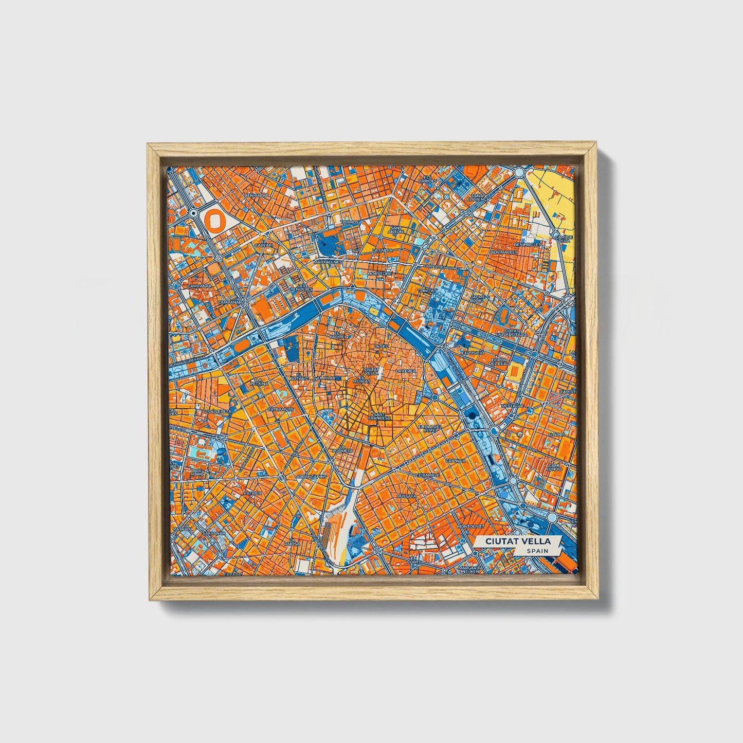 Ciutat Vella Spain Colorful City Map Canvas Print • Natural Wooden Framed